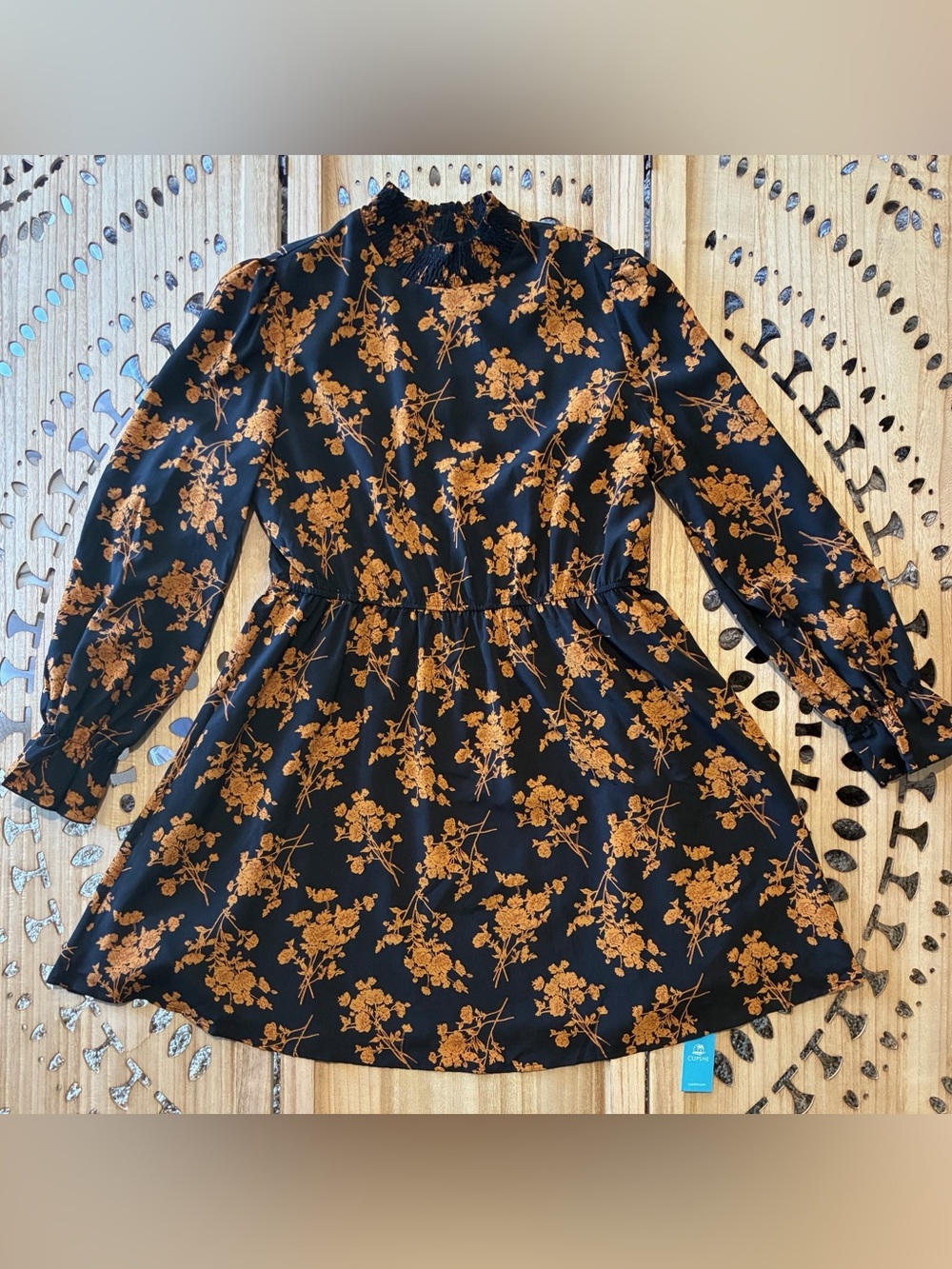 ✨NWT✨Cupshe Black Long-Sleeve Mock Neck Dress with Gold/Orange Floral Print - Picture 3 of 9